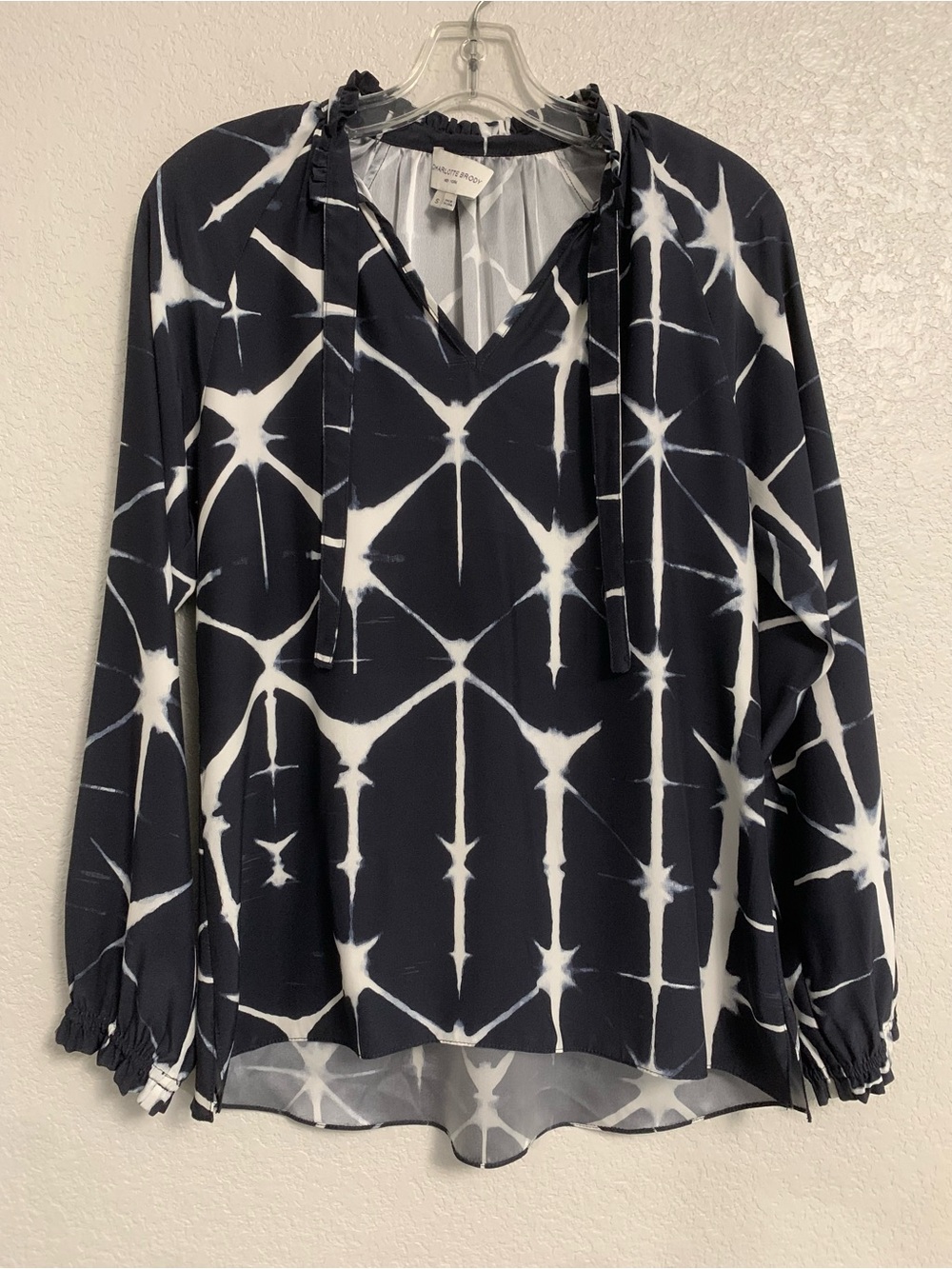 Charlotte Brody Blouse Top Womens S Abstract Starburst Shibori Print Tie Neck